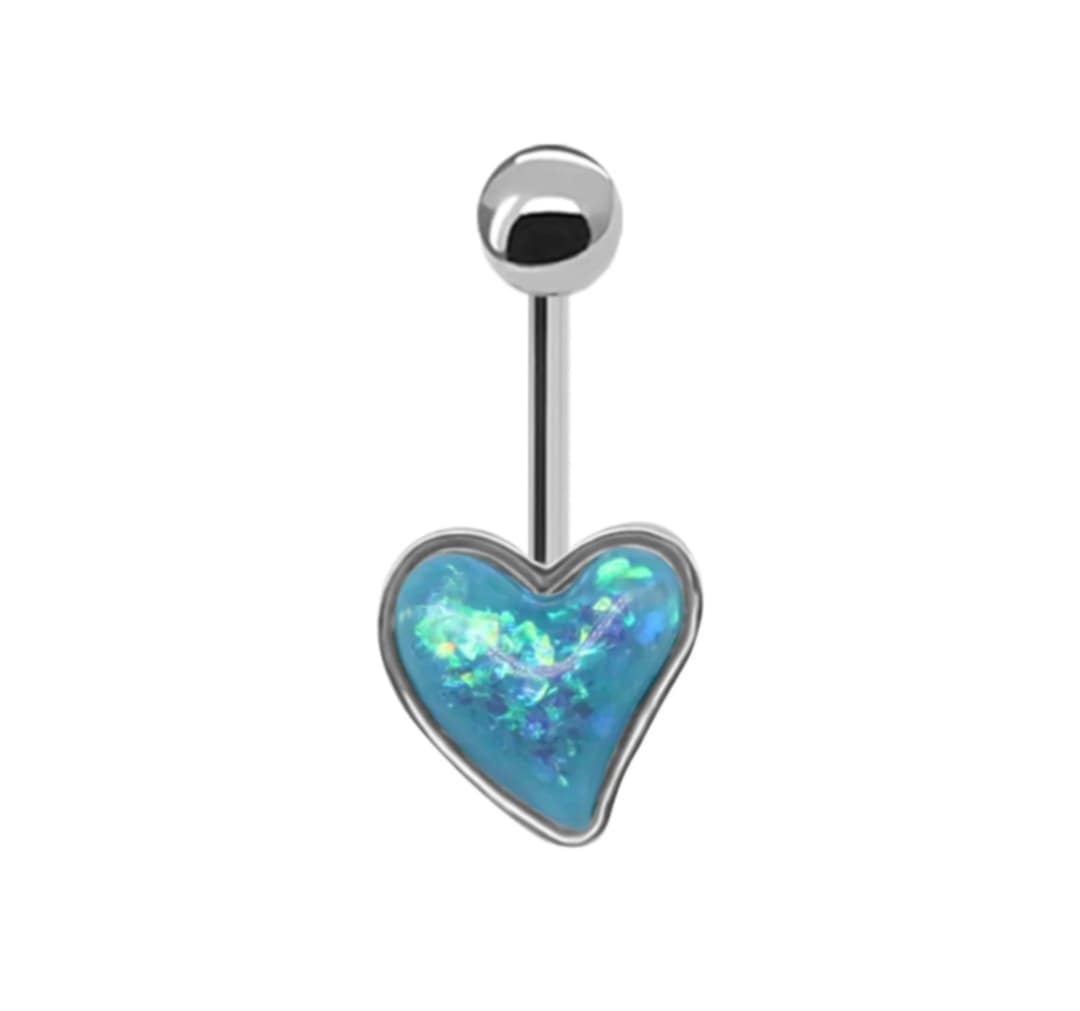 Hochwertiges Edelstahl Bauchnabelpiercing mit Metall-Kugel und einem blauen Herz. Langlebig, nickelfrei, glanzbeständig und wasserfest.