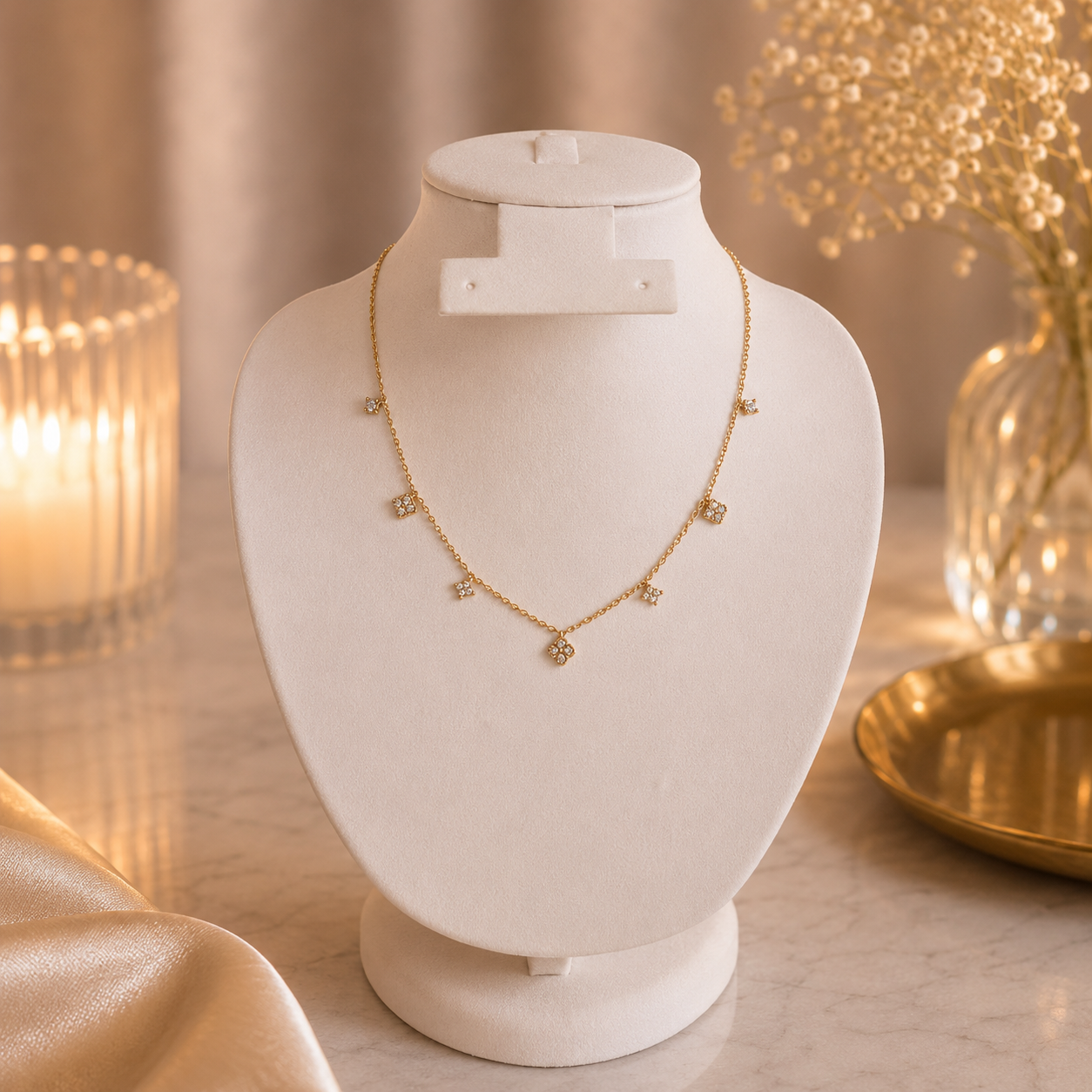 Hochwertige Edelstahl-Kette in goldenen stilvollen Design mit filigranen funkelnden Akzenten. Langlebig, wasserfest, hypoallergen und alltagstauglich.