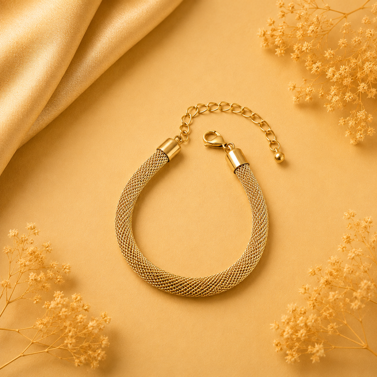 Hochwertiges Edelstahl-Armband in Gold in Mesh-Optik mit feiner Struktur. Langlebig, wasserfest, hypoallergen und alltagstauglich.