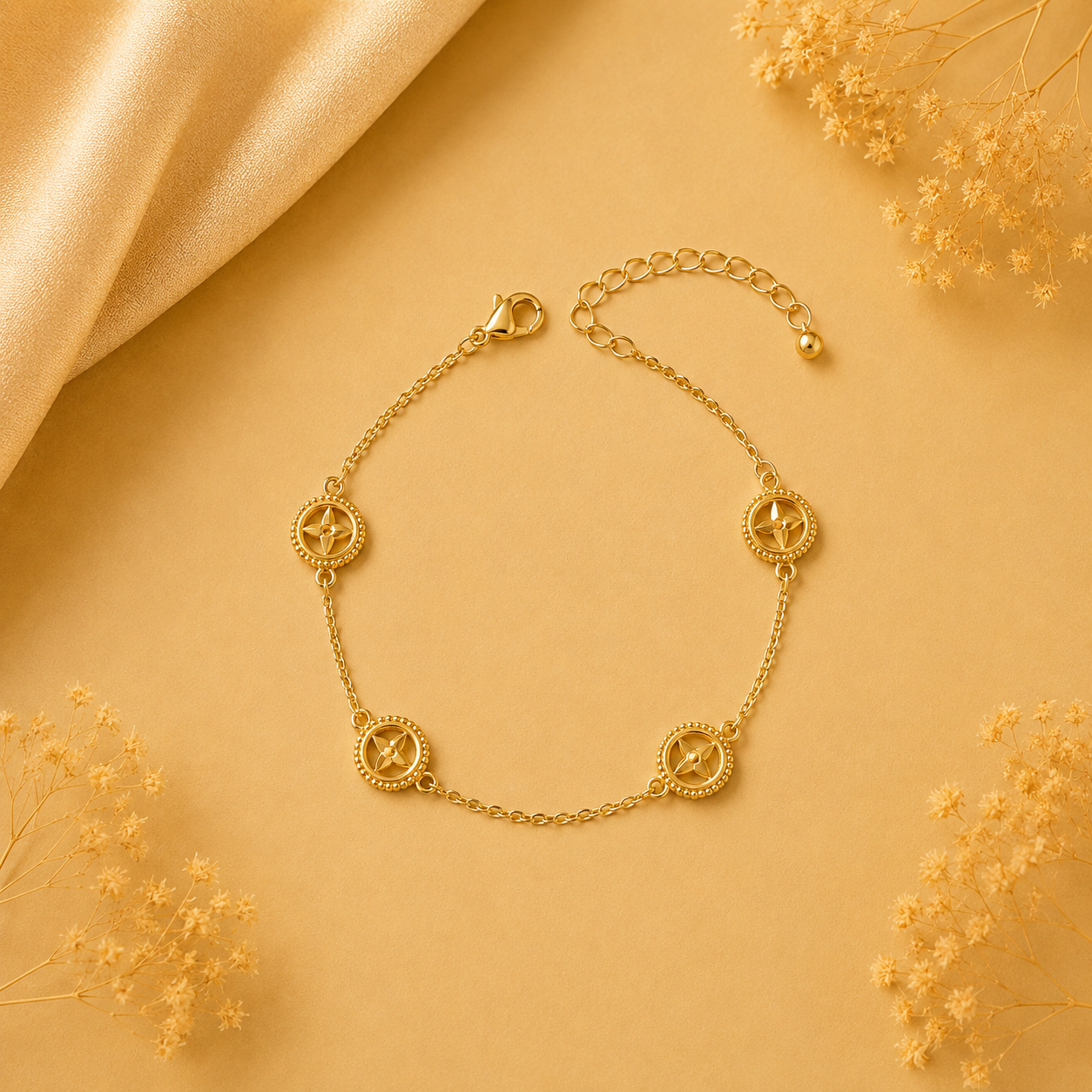 Hochwertiges Edelstahl-Armband in Gold mit feinen filigranen Rauten und Blütenelementen. Langlebig, wasserfest, hypoallergen und alltagstauglich.