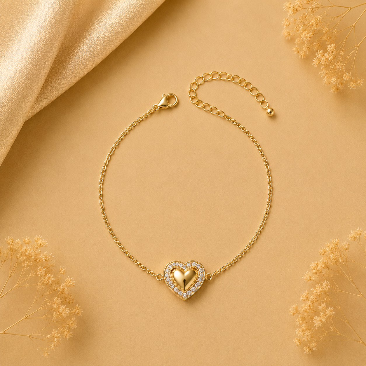 Hochwertiges Edelstahl-Armband in edlen, goldenen Herz-Design umrandet von zahlreichen Zirkoniasteinen. Elegant, modern und besonders. Langlebig, wasserfest, hypoallergen und alltagstauglich.