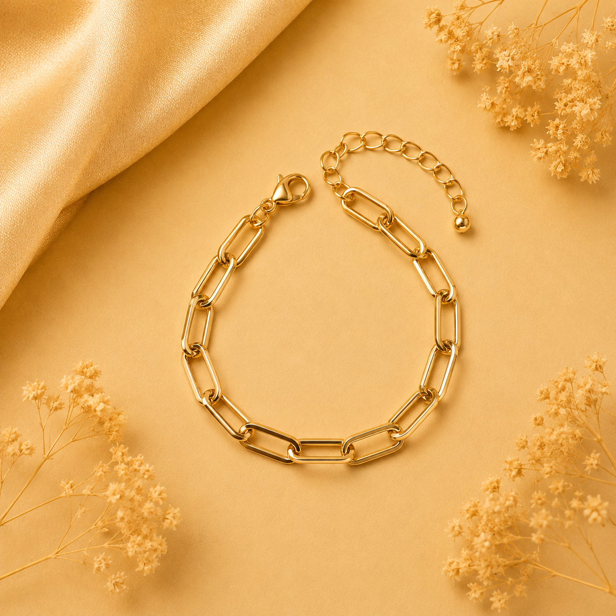 Hochwertiges Edelstahl-Gliederarmband in Gold. Markante Gliederdetails, zeitlos schön. Langlebig, wasserfest, hypoallergen und alltagstauglich.