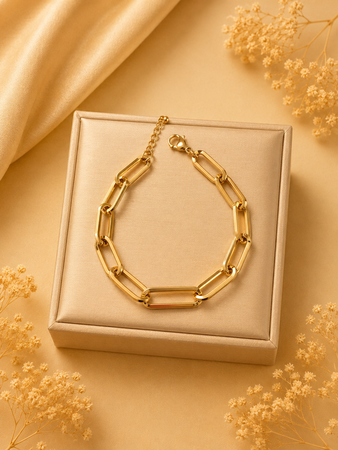 Hochwertiges Edelstahl-Gliederarmband in Gold. Markante, große Gliederdetails, zeitlos schön. Langlebig, wasserfest, hypoallergen und alltagstauglich.