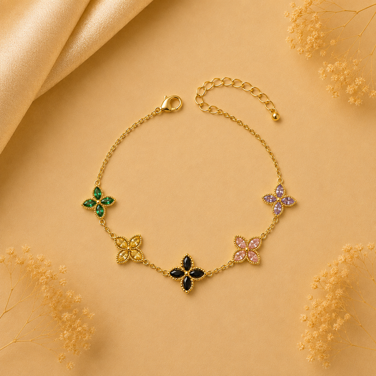 Hochwertiges Edelstahl-Armband in Gold in Blütenform mit zahlreichen funkelnden Zirkonia in unterschiedlichen Größen. Langlebig, wasserfest, hypoallergen und alltagstauglich.