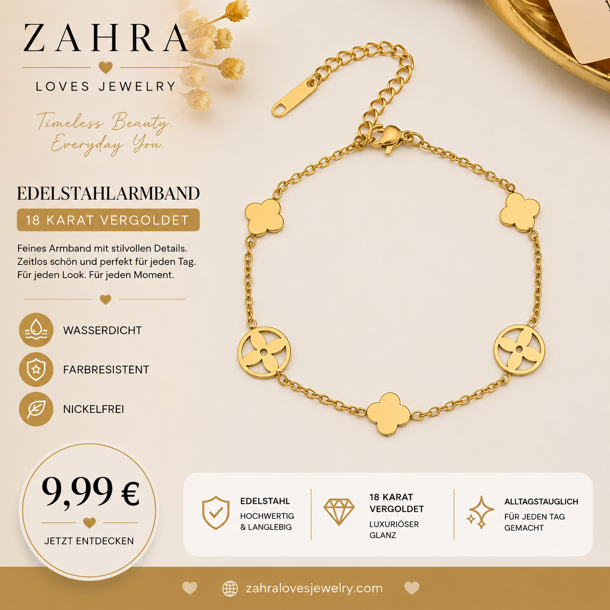 Hochwertiges Edelstahl-Armband in edlen goldenen, minimalistischen, rundem Design und Rauten. Langlebig, wasserfest, hypoallergen und alltagstauglich.