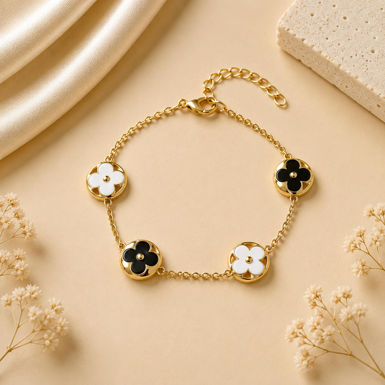 Hochwertiges Edelstahl-Armband in edlen, goldenen Design mit schwarz-weißen runden Klee- Elementen. Elegant, modern und besonders. Langlebig, wasserfest, hypoallergen und alltagstauglich.