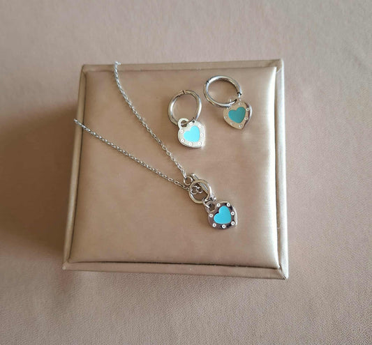 Schmuck-Set Kette & Creolen mit türkisfarbenem Herzanhänger