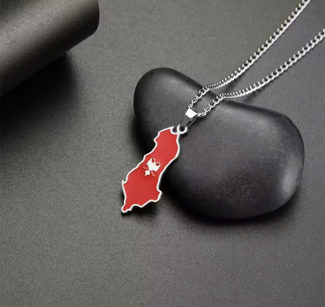 Hochwertige Edelstahl-Kette in Weißgold vergoldet mit Albanien-Umriss-Anhänger in Rot mit Nationaladler. Langlebig, wasserfest, hypoallergen und alltagstauglich.