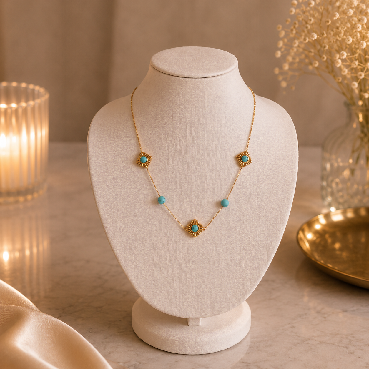 Hochwertige Edelstahl-Kette in goldenen stilvollen Design mit türkisfarbenen Akzenten. Langlebig, wasserfest, hypoallergen und alltagstauglich.