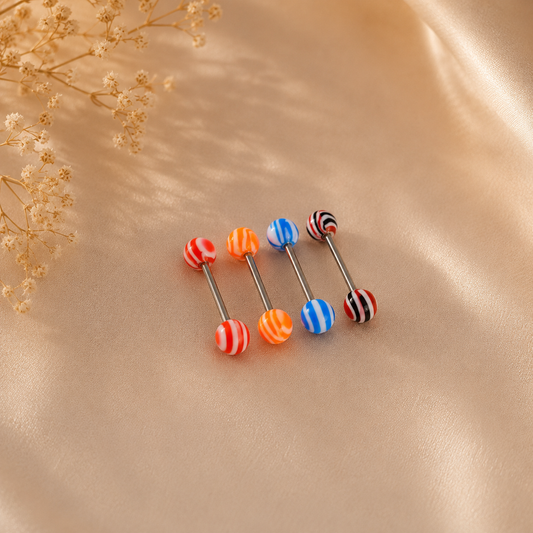 Hochwertiges Edelstahl Zungenpiercing mit bunter Plastikkugel. Langlebig, nickelfrei, glanzbeständig und wasserfest.