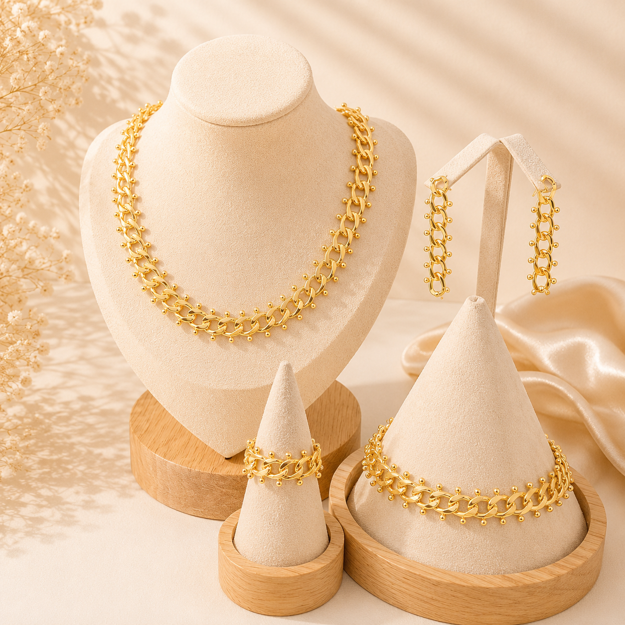 Hochwertiges Edelstahl-Set bestehend aus einer edlen goldenen Kette, passenden Ohrhägern und Ring in geometrischer Optik. Modern, minimalisch und feminin. Langlebig, wasserfest, hypoallergen und alltagstauglich.