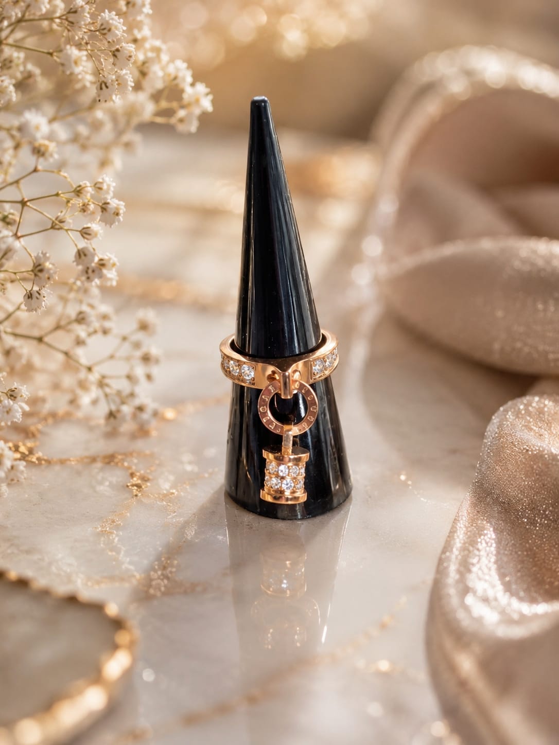 Hochwertiger Edelstahl Ring mit kreisförmigen Element und schönen Anhänger in Roségold. Eleganter Hingucker, alltagstauglich, langlebig, wasserfest und nickelfrei.