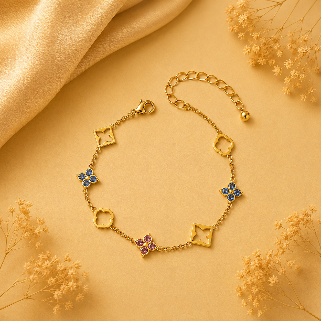 Hochwertiges Edelstahl-Armband in Gold mit feinen filigranen Rauten und Blütenelementen mit bunten Zirkonia-Steinen. Langlebig, wasserfest, hypoallergen und alltagstauglich.