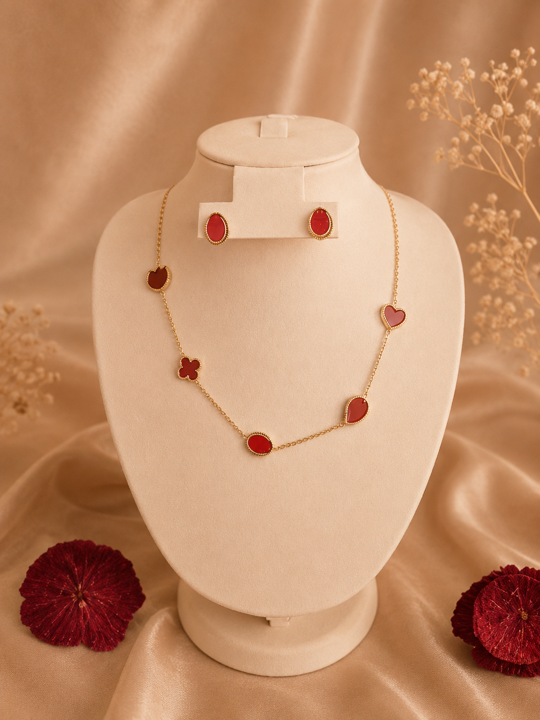 Hochwertiges Edelstahl-Set bestehend aus einer Kette und passenden Ohrsteckern in Gold. Femininer Frühlingslook mit Marienkäfern. Langlebig, wasserfest, hypoallergen und alltagstauglich