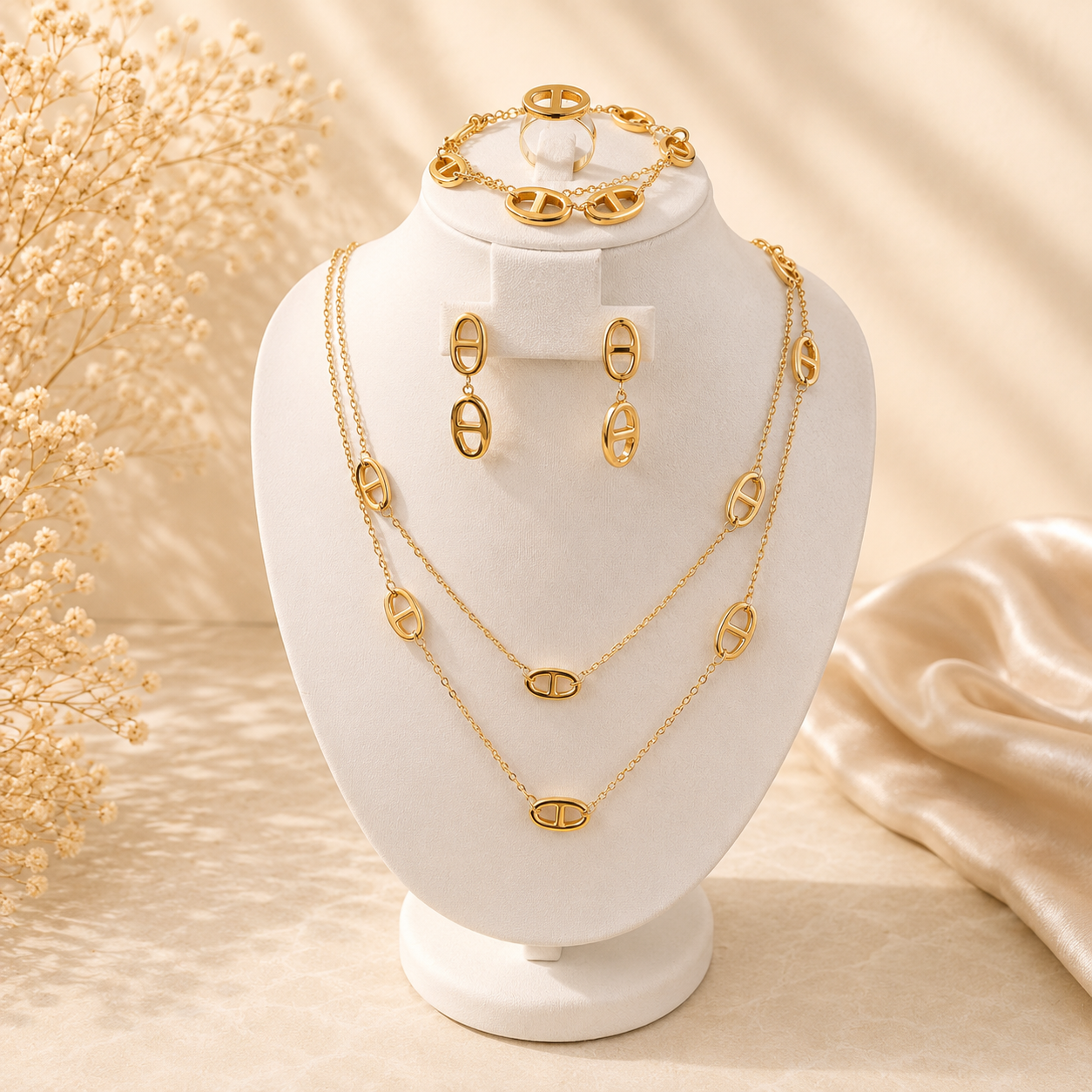Hochwertiges vierteiliges Edelstahl-Set bestehend aus einer Kette passenden Ohrhängern, Armband und Ring in einer goldenen geometrischer Form. Langlebig, wasserfest, hypoallergen und alltagstauglich.