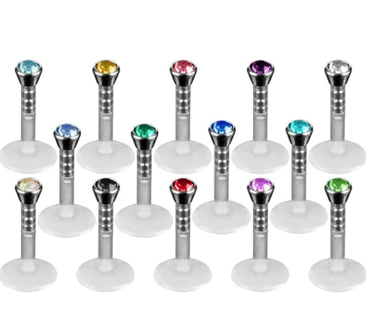 Hochwertiges Bioflex Labret-Piercing mit Edelstahl-Aufsatz und bunten Zirkonia. Langlebig, nickelfrei, glanzbeständig und wasserfest.