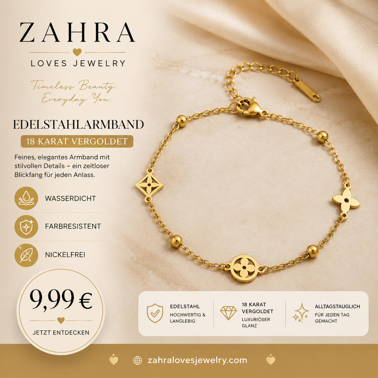 Hochwertiges Edelstahl-Armband in edlen goldenen, minimalistischen, rundem Design und Rauten. Langlebig, wasserfest, hypoallergen und alltagstauglich.
