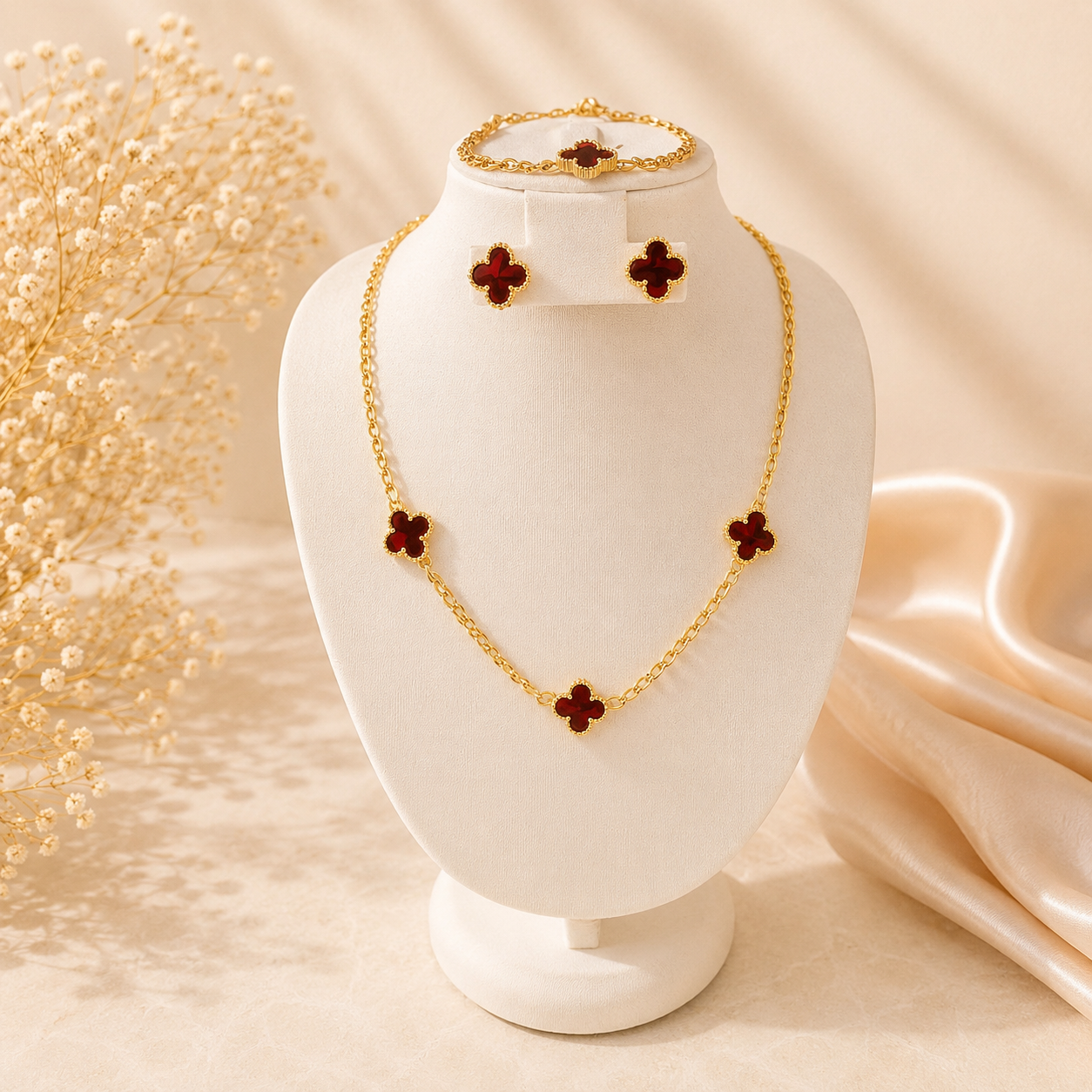 Hochwertiges vierteiliges Edelstahl-Set bestehend aus einer Kette passenden Ohrsteckern, Ring und Armband in edlen, goldenen, roten Kleeblättern. Langlebig, wasserfest, hypoallergen und alltagstauglich.