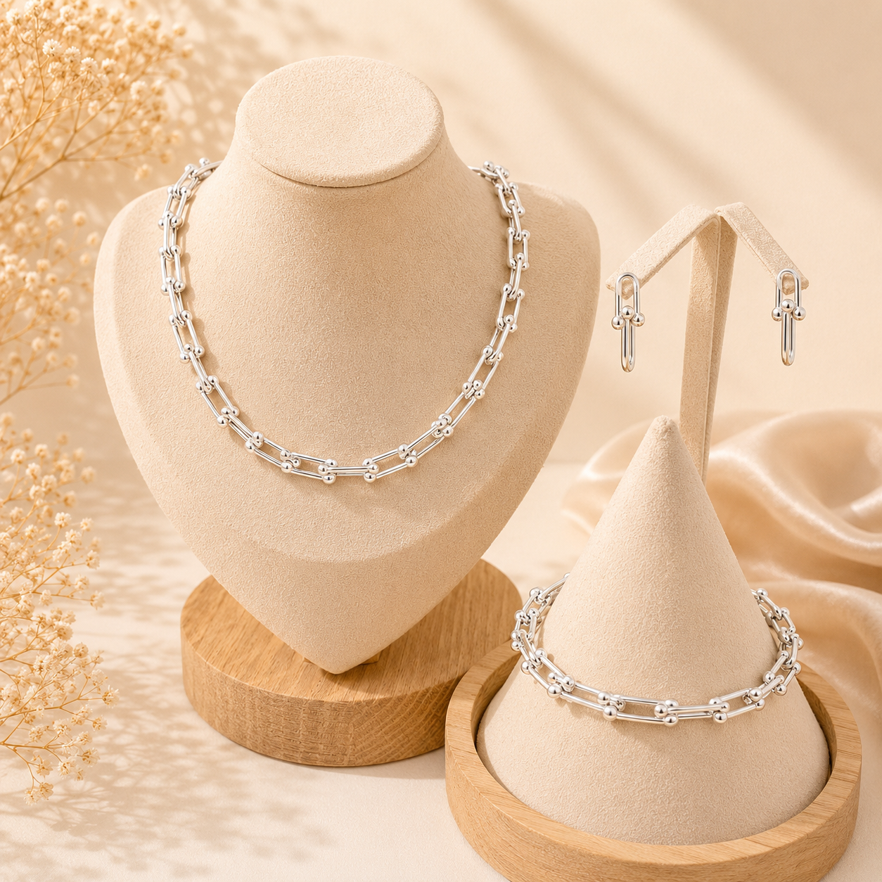 Hochwertiges Edelstahl-Set bestehend aus einer edlen goldenen oder weißgoldenen Kette, passenden Armband und Ohrhängern in Drahtoptik. Minimalisch und feminin. Langlebig, wasserfest, hypoallergen und alltagstauglich.