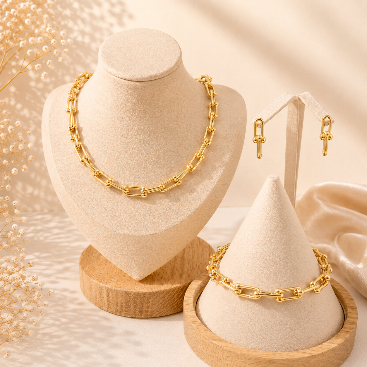 Hochwertiges Edelstahl-Set bestehend aus einer edlen goldenen oder weißgoldenen Kette, passenden Armband und Ohrhängern in Drahtoptik. Minimalisch und feminin. Langlebig, wasserfest, hypoallergen und alltagstauglich.