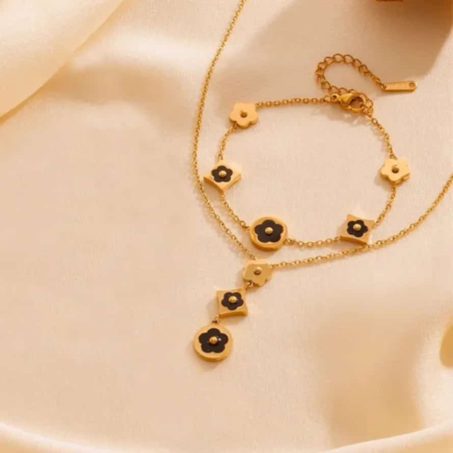 Edelstahl Schmuckset: Kette & Armband – Blume und Rauten