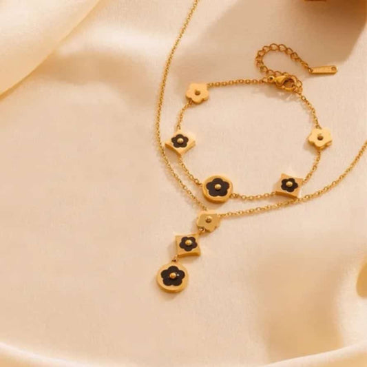 Edelstahl Schmuckset: Kette & Armband – Blume und Rauten