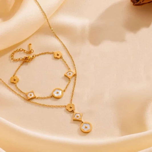 Edelstahl Schmuckset: Kette  Armband – Blume und Rauten
